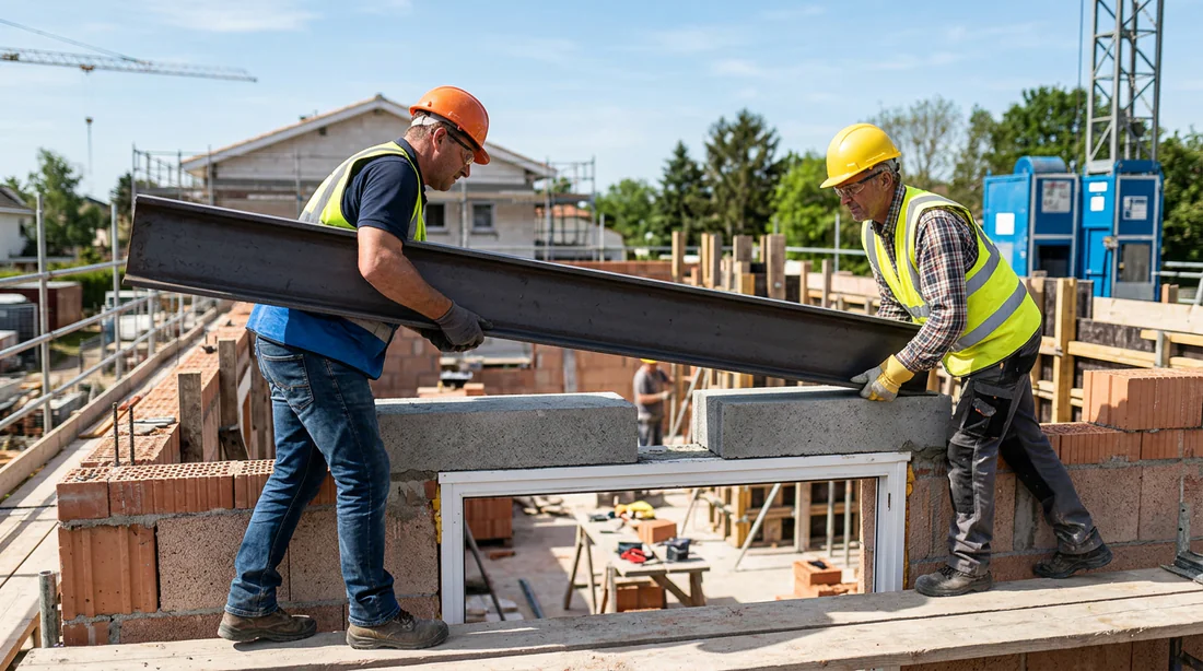 Mise en place de la poutre IPN sur sommiers en béton