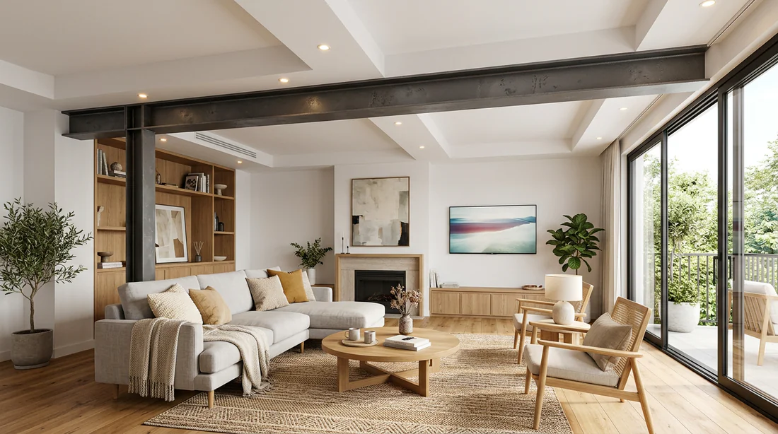 Intérieur rénové avec poutre IPN apparente dans un salon moderne