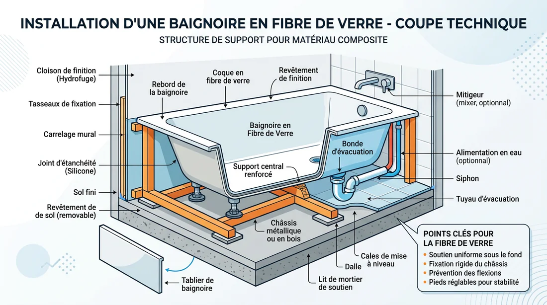 Schéma technique de l'installation d'une baignoire en fibre de verre