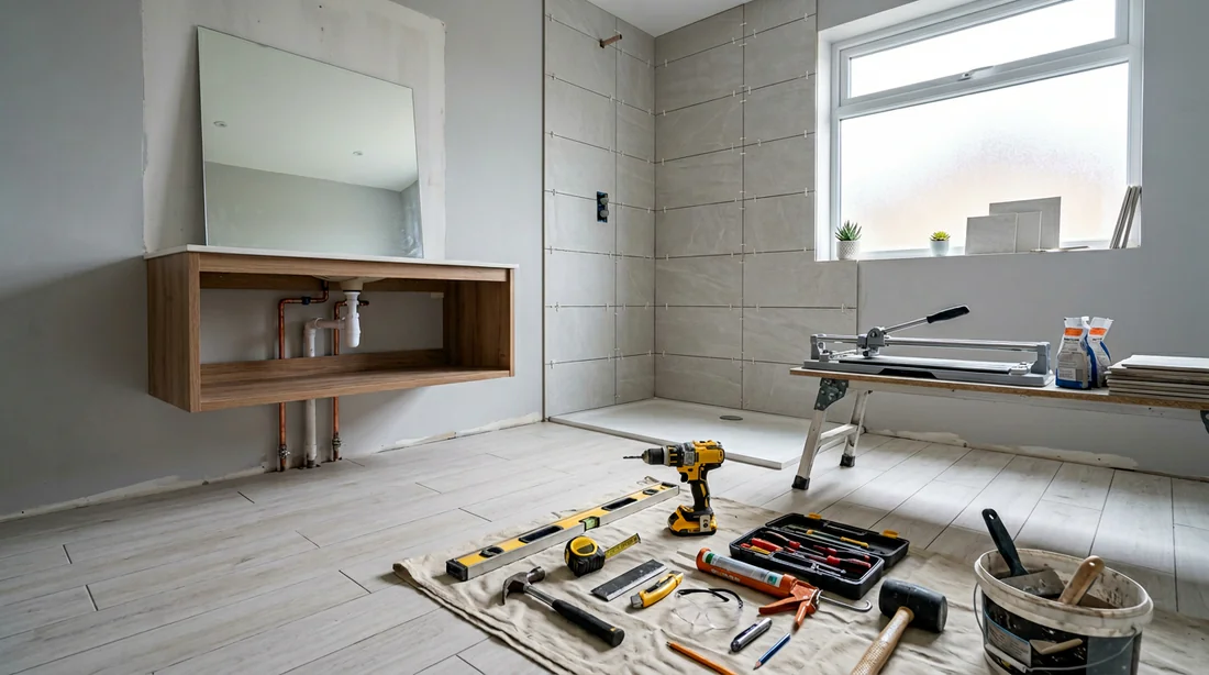 Rénovation de salle de bain moderne avec outils professionnels