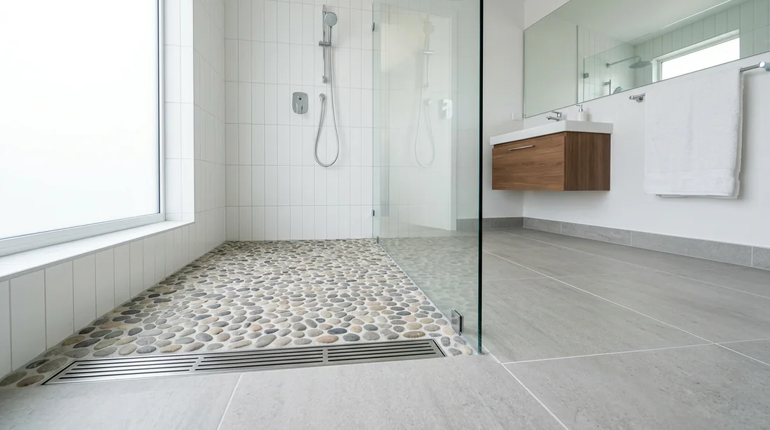 Installation d'une douche à l'italienne avec galets au sol.