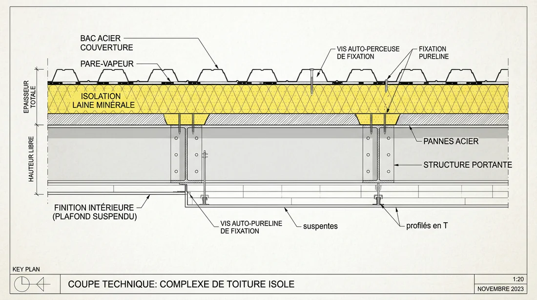 Coupe technique d'une toiture isolée avec pare-vapeur