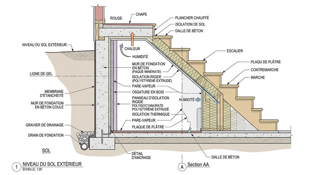 Schéma d'isolation thermique pour escalier de sous-sol