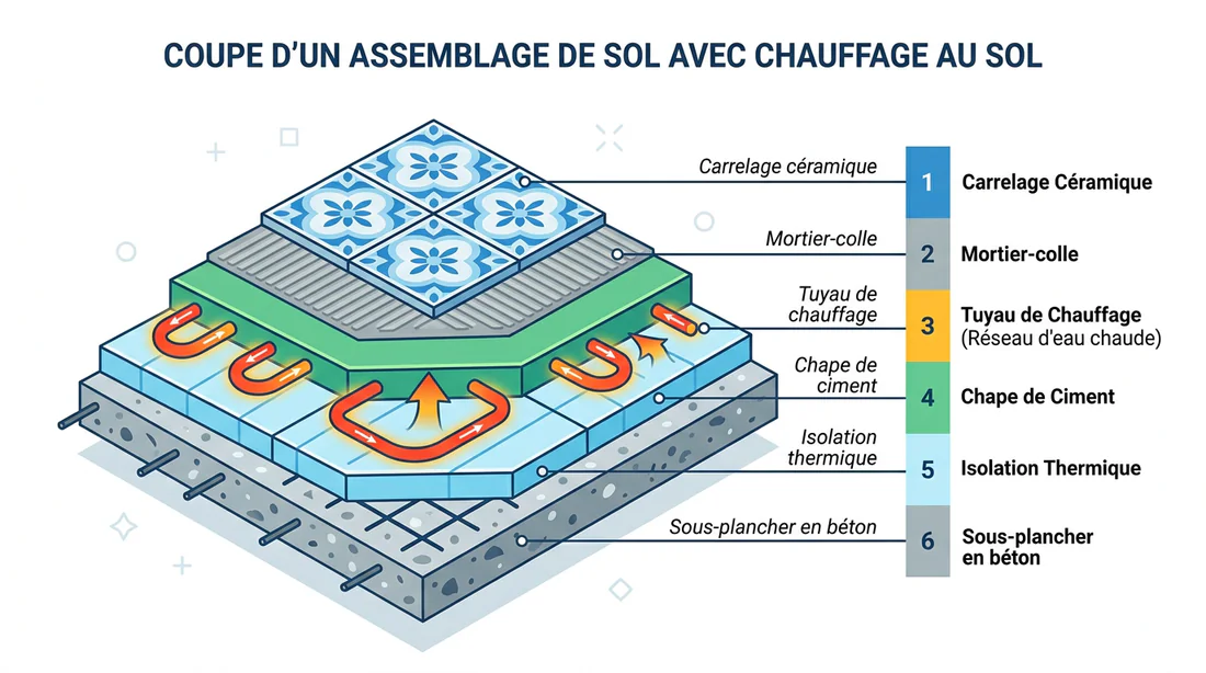 Schéma technique des couches d'un sol avec carrelage et plancher chauffant