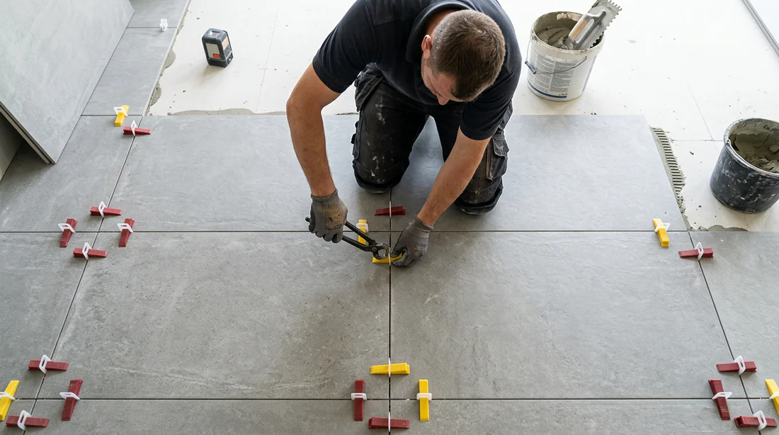 Artisan carreleur posant des carreaux grand format avec système de nivellement