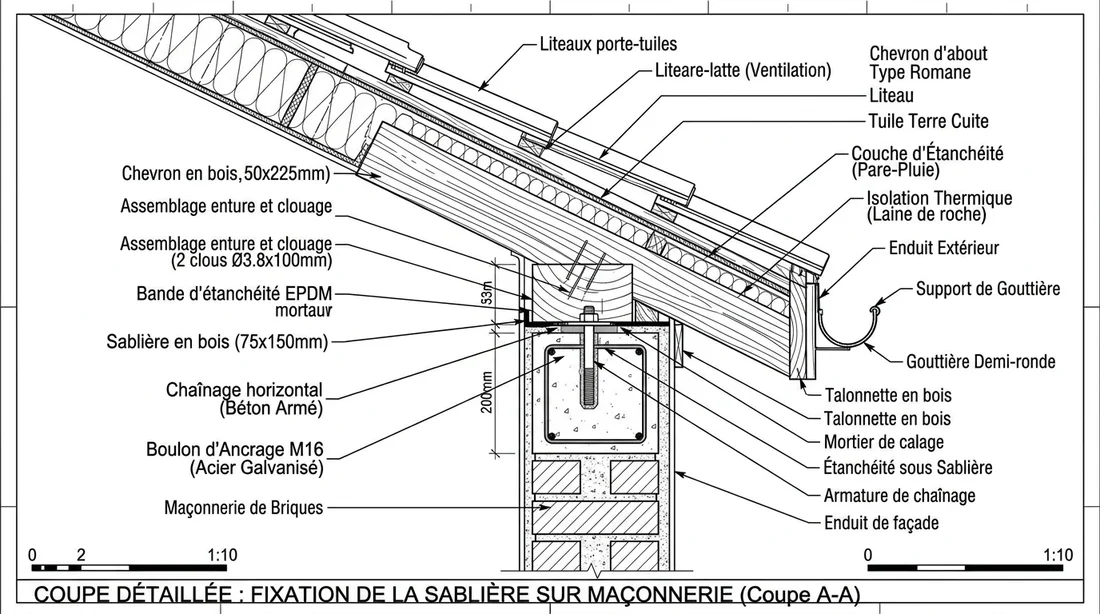 Schéma de coupe d'une panne sablière fixée sur un mur