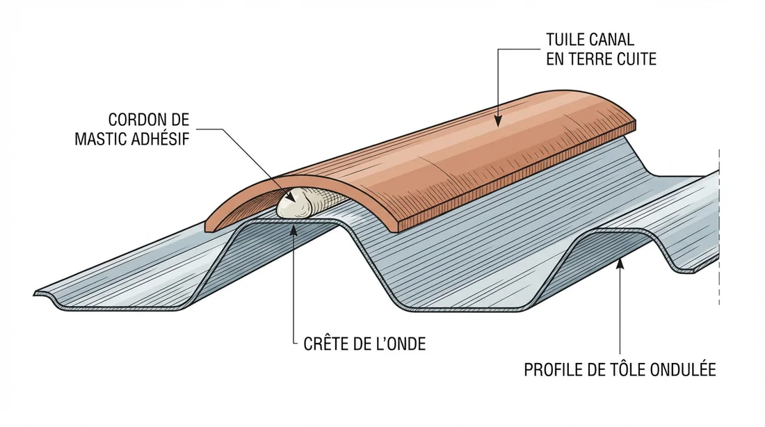 Schéma en coupe montrant le collage de la tuile canal sur le sommet de l'onde.