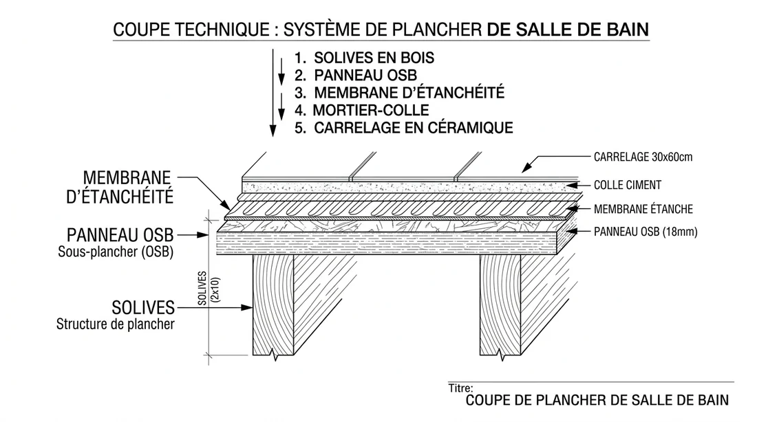 Schéma technique des couches d'un sol de salle de bain sur support bois