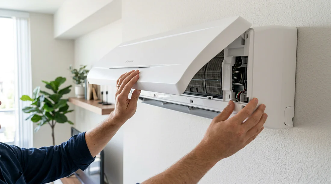 Ouverture du capot de la climatisation Daikin pour l'entretien du filtre