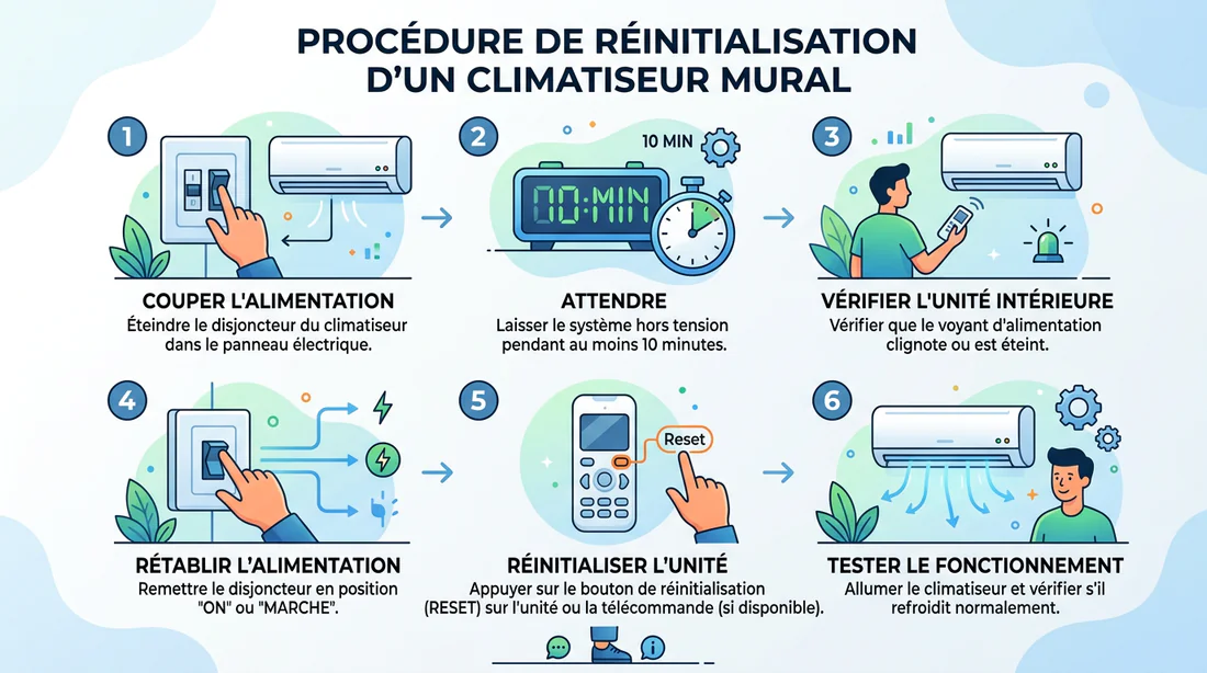 Infographie expliquant la procédure de réinitialisation électrique d'une climatisation murale