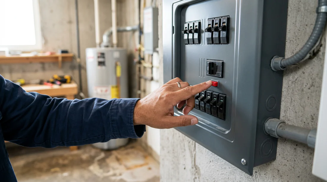 Main réinitialisant le disjoncteur d'une installation de climatisation