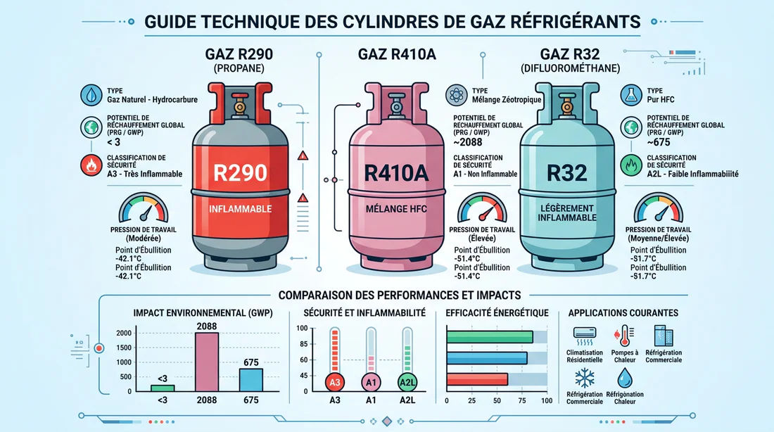 Infographie comparative des gaz réfrigérants R290, R410A et R32
