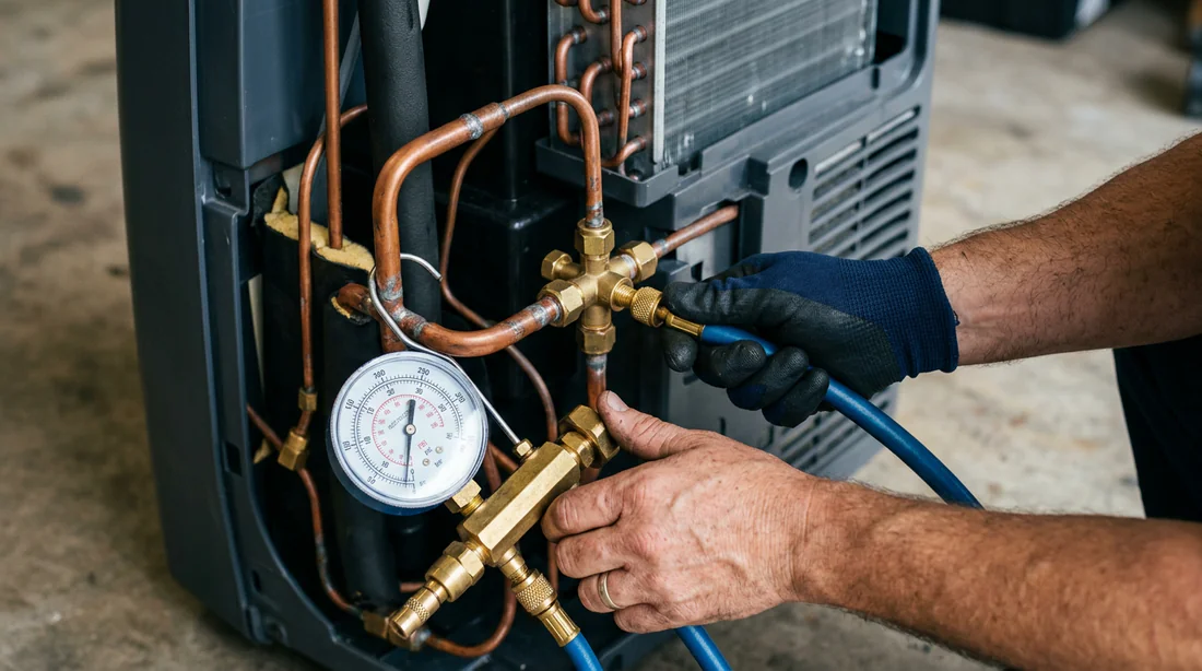Connexion du flexible de recharge en gaz sur la vanne d'un climatiseur mobile