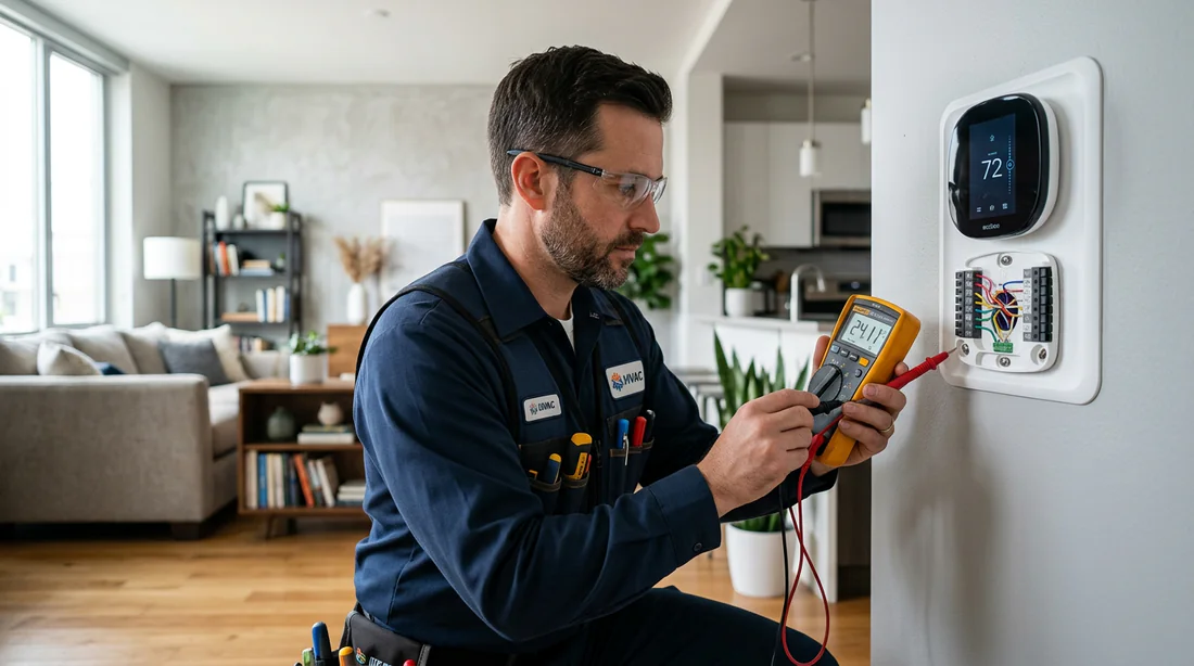 Technicien effectuant la vérification du câblage d'un thermostat Airzone