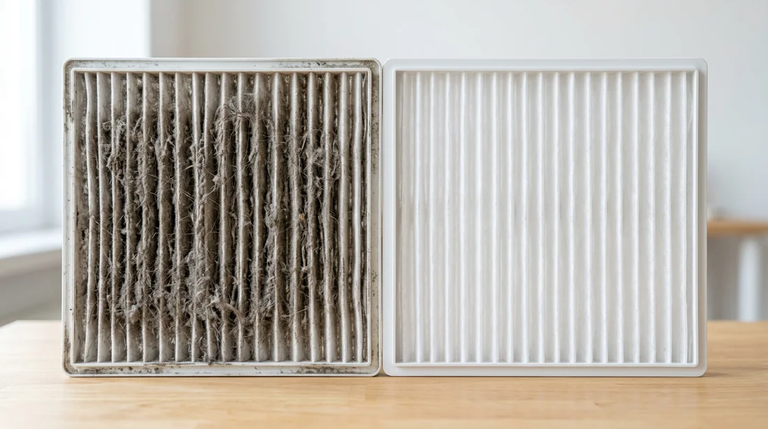 Comparaison entre un filtre de climatisation encrassé et un filtre nettoyé