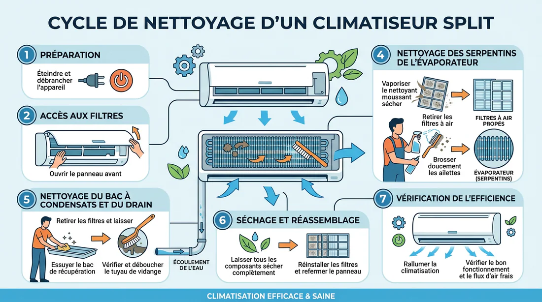 Infographie montrant le schéma d'entretien d'un climatiseur split Hitachi