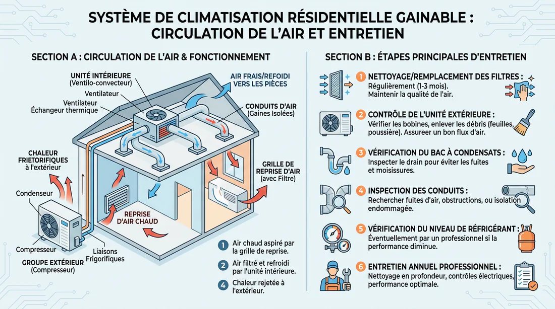 Schéma explicatif du fonctionnement et de l'entretien d'une climatisation gainable