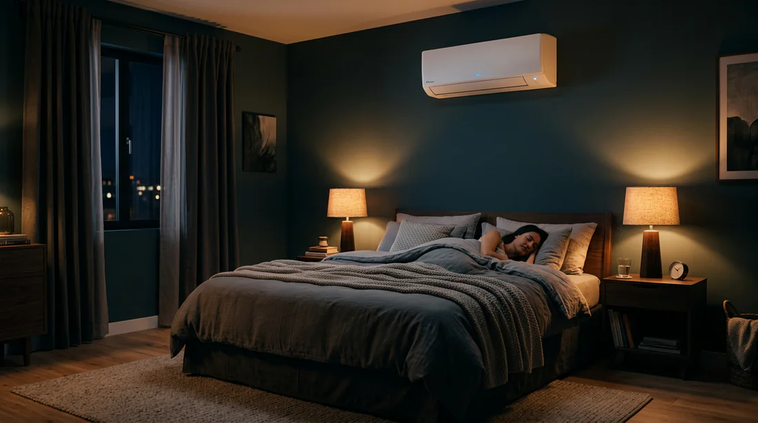 Chambre à coucher paisible équipée d'une climatisation réversible split très silencieuse