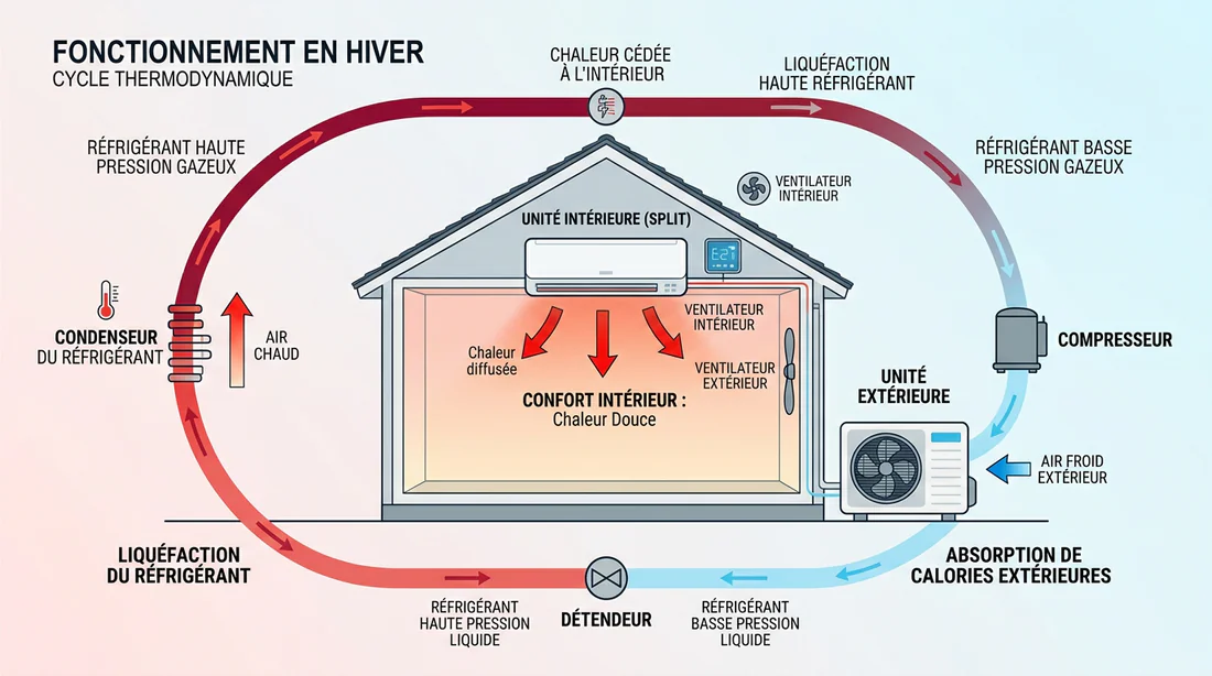 Schéma explicatif du fonctionnement du mode chauffage d'un split mural réversible en hiver