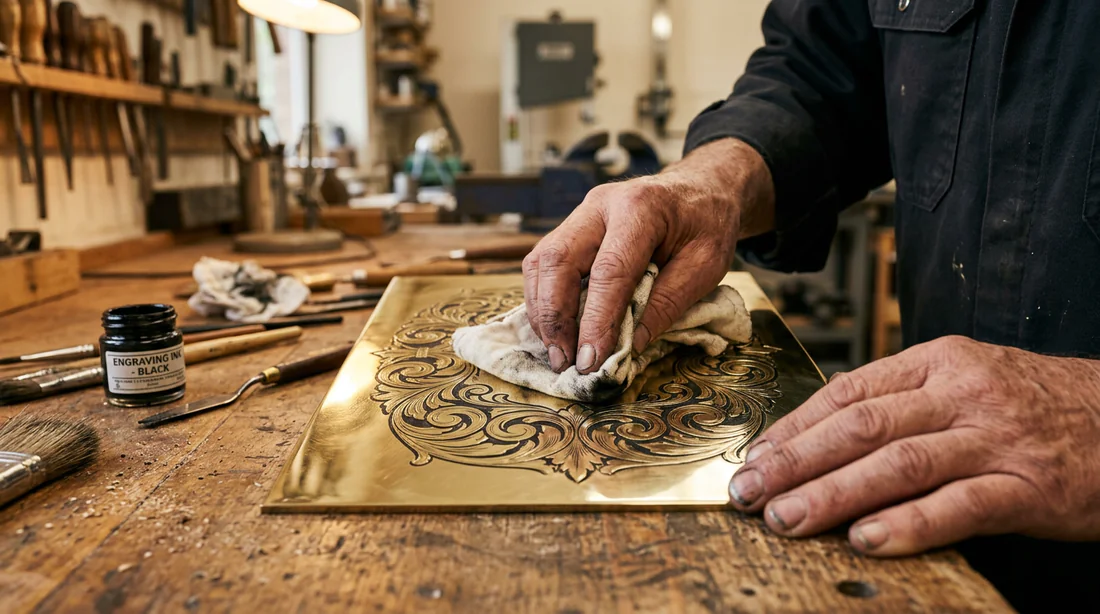 Essuyage du surplus de peinture sur une plaque en métal gravée