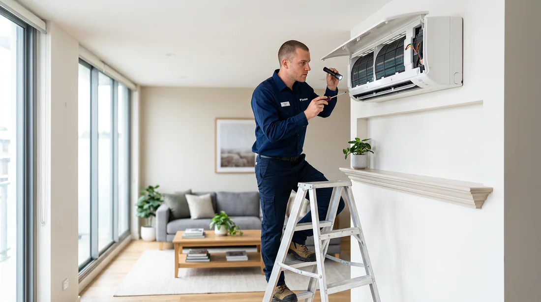 Technicien professionnel vérifiant une unité de climatisation Daikin murale