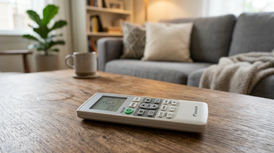 Télécommande de climatiseur Daikin posée sur une table dans un salon