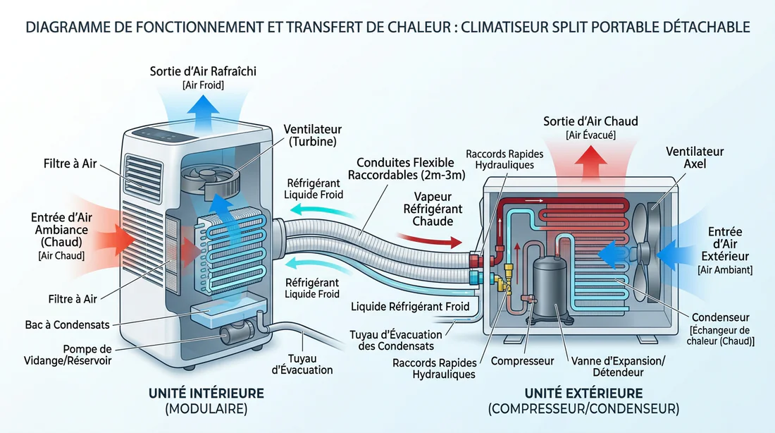 Schéma explicatif du fonctionnement d'un climatiseur mobile split déconnectable