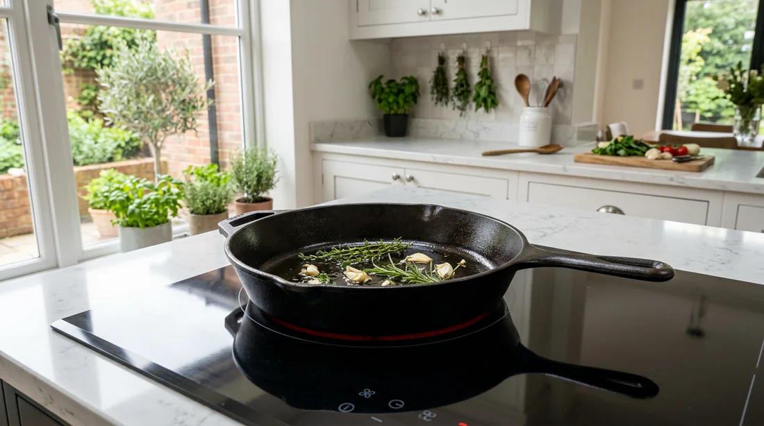 Poêle en fonte assaisonnée posée sur une plaque de cuisson à induction moderne
