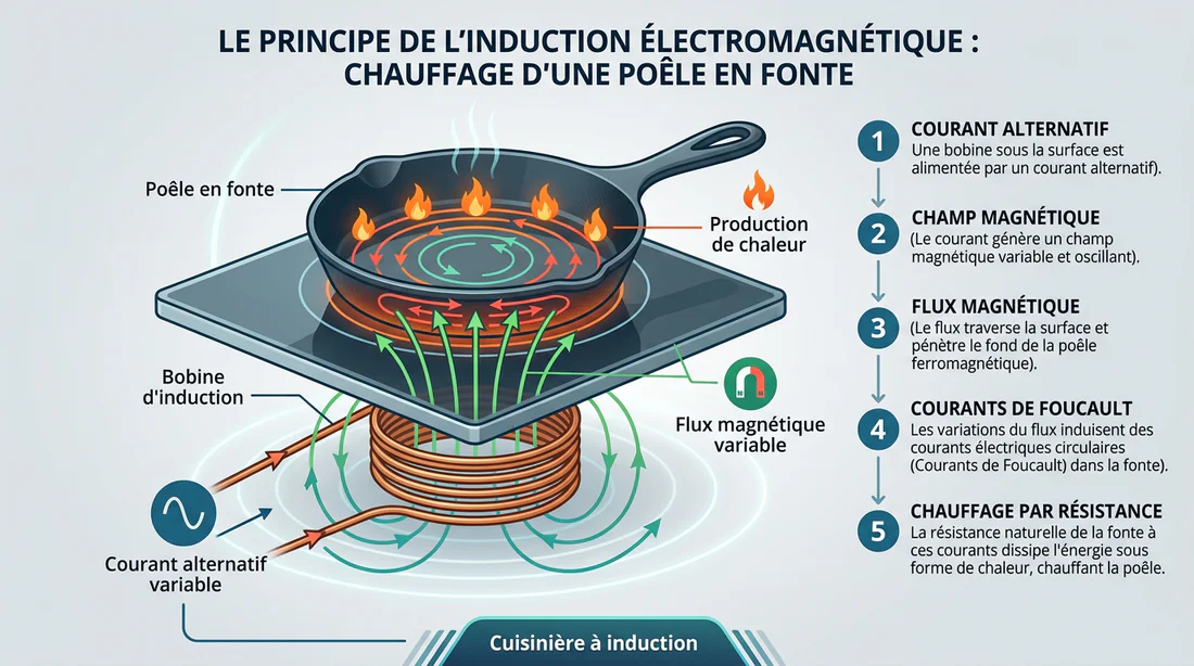 Schéma explicatif du fonctionnement du champ magnétique sur une poêle en fonte pour plaque induction