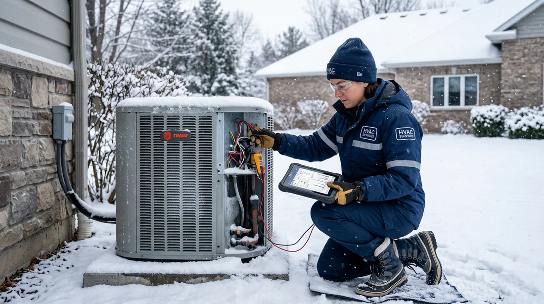 Technicien effectuant la maintenance d'une pompe à chaleur en hiver