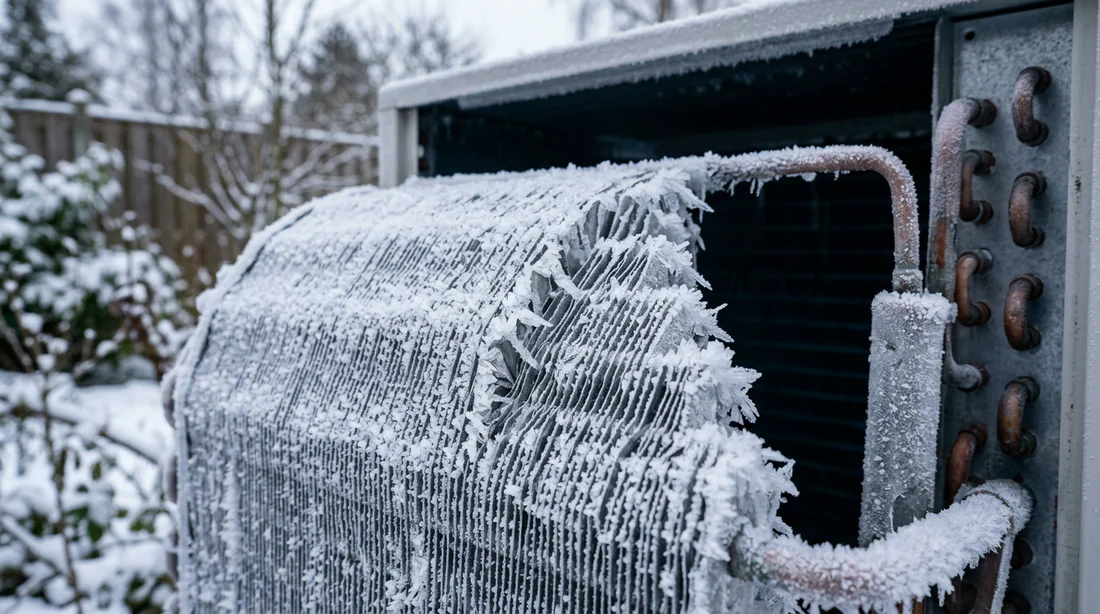 Givre accumulé sur les grilles de l'unité extérieure d'une pompe à chaleur