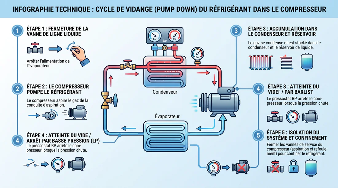 Infographie schématique du processus de rapatriement du gaz dans le compresseur