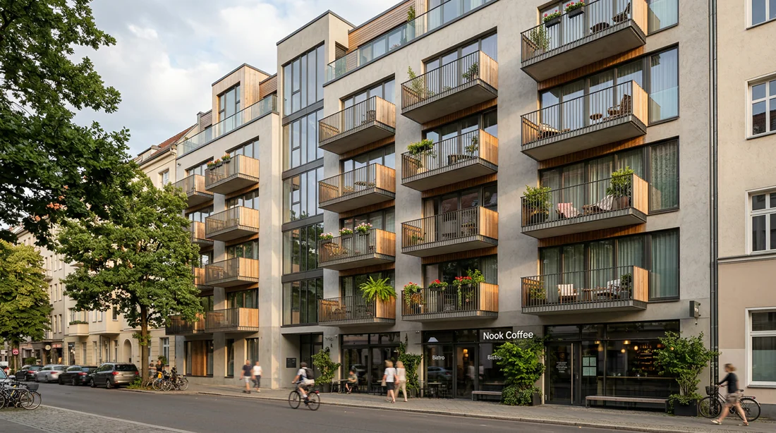 Façade d'immeuble moderne montrant les règles de copropriété pour la climatisation