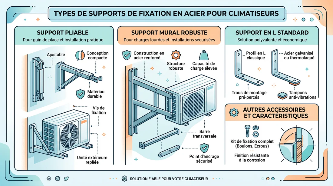 Schéma des différents types de supports muraux pour climatisation.