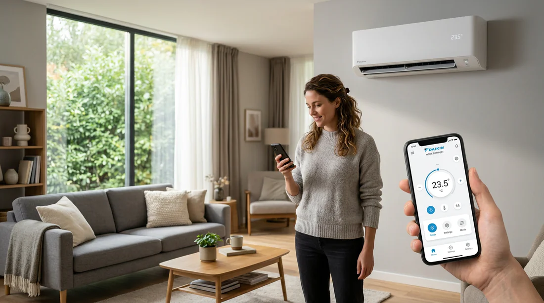 Utilisateur vérifiant le statut de sa climatisation Daikin sur son smartphone.