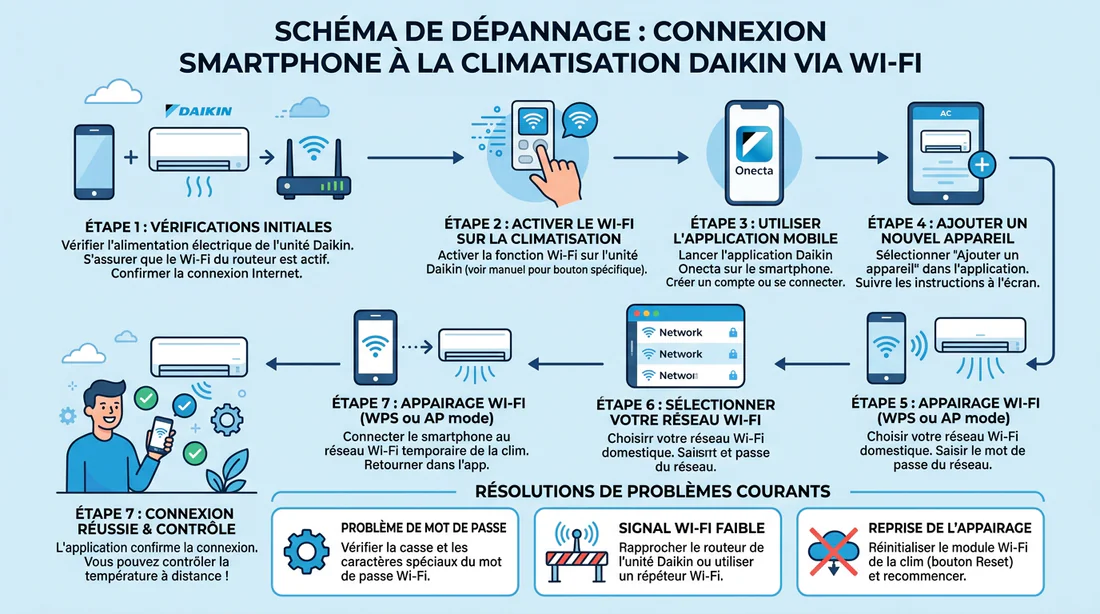 Schéma explicatif du réseau Wi-Fi entre la box, le smartphone et la climatisation.