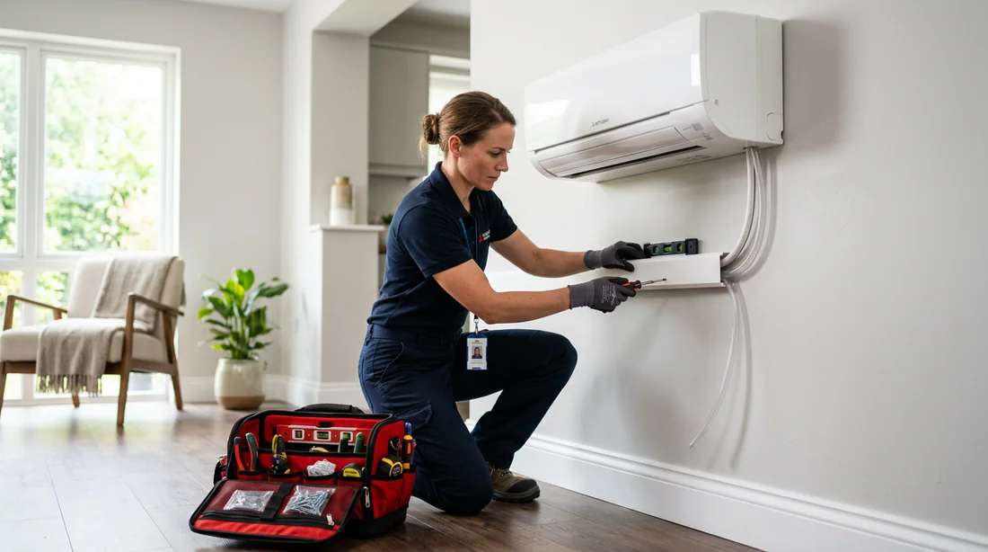 Technicien installant une goulotte de finition pour cacher la pompe de relevage de climatisation.