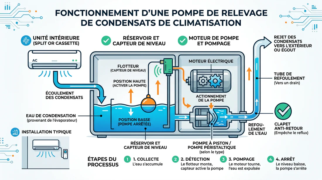 Schéma technique explicatif du fonctionnement d'une pompe de relevage pour climatiseur.