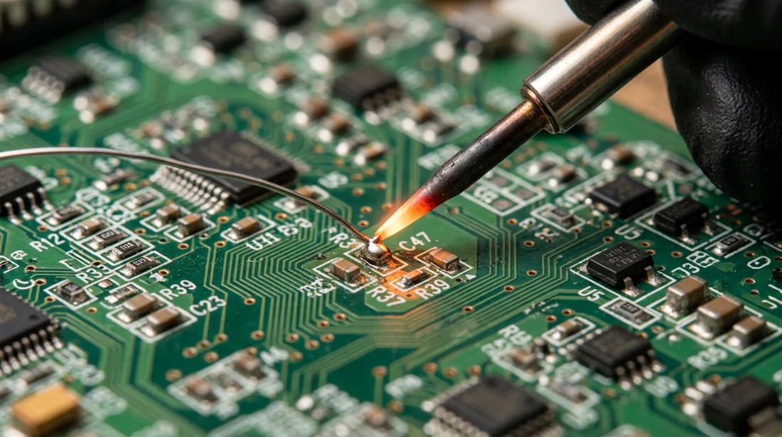 Soudure de précision d'un composant électronique sur une carte de pompe à chaleur