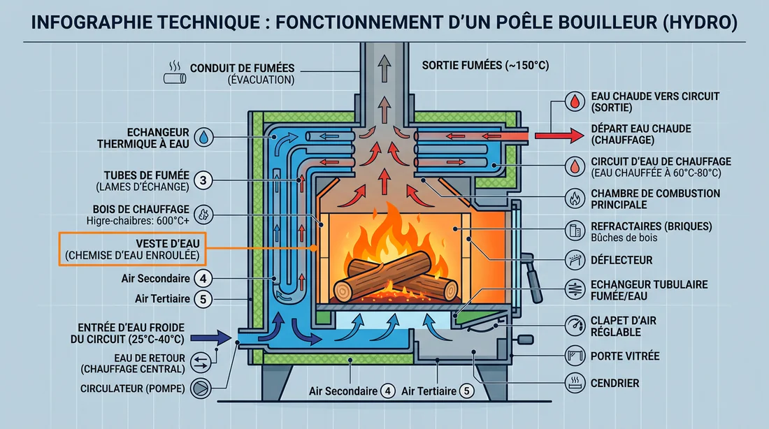 Infographie expliquant le fonctionnement du corps de chauffe et du bouilleur