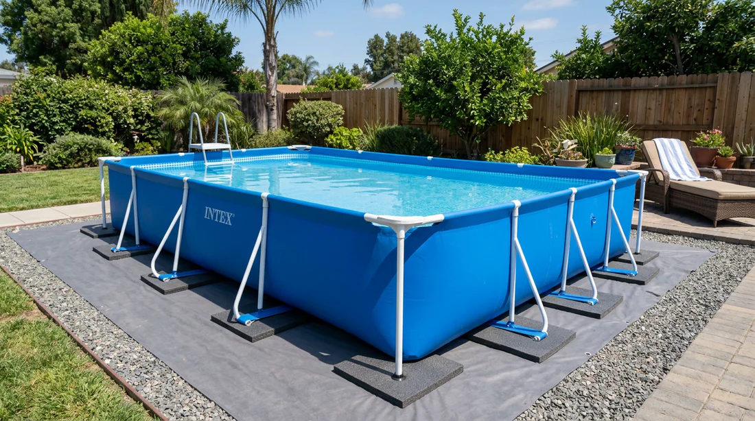 Piscine tubulaire parfaitement stabilisée et de niveau dans un jardin