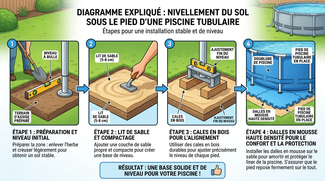 Schéma explicatif du nivellement du sol et de la stabilisation des cales de piscine