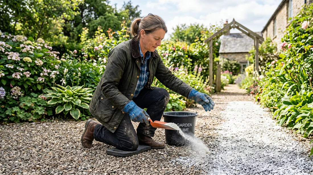 Jardinier étalant de la chaux agricole sur le gravier