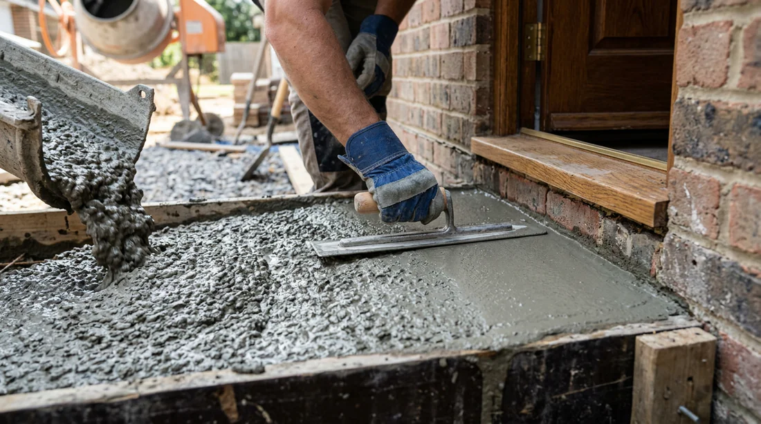 Coulage et lissage du béton pour former le seuil du portail
