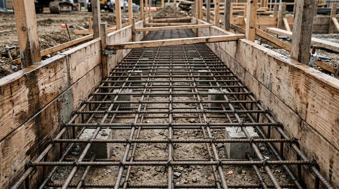 Mise en place du ferraillage dans la tranchée pour la fondation du portail
