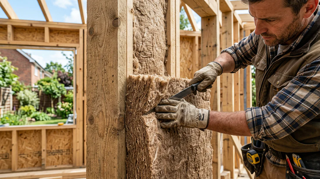 Chantier de construction d'une extension de maison en ossature bois