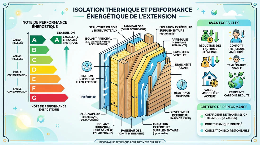 Schéma explicatif des normes thermiques RE 2020 et RE 2026 pour extension