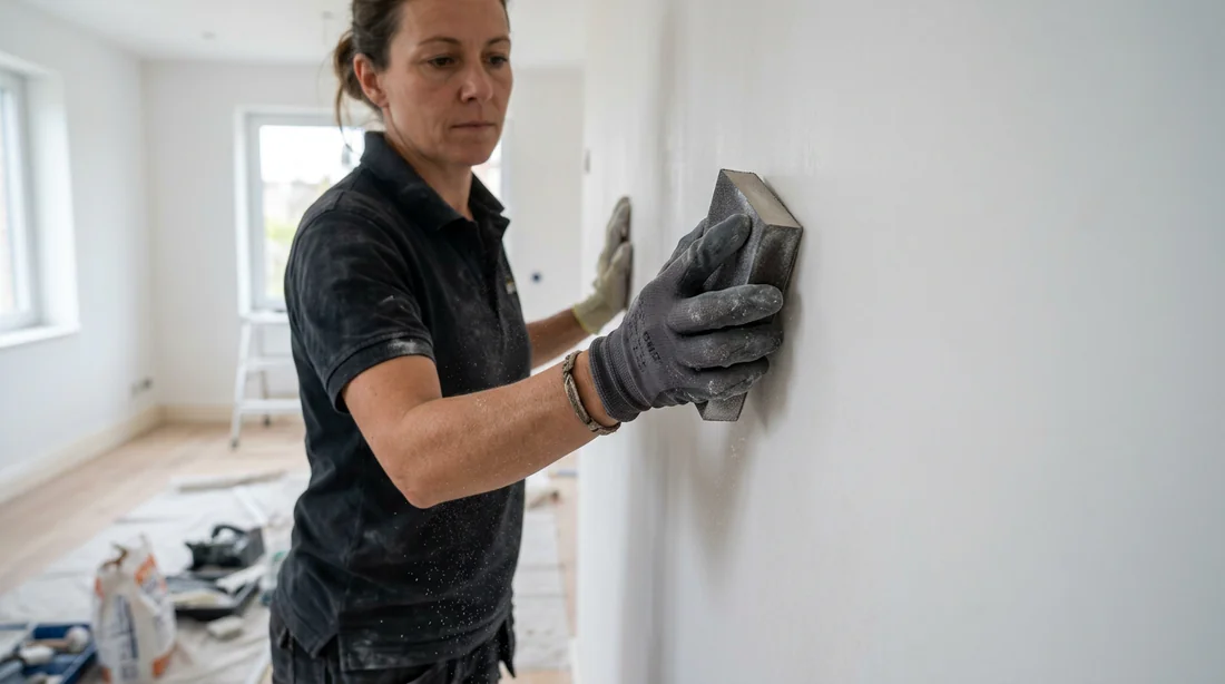Ponçage délicat de l'enduit de lissage pour obtenir une surface plane
