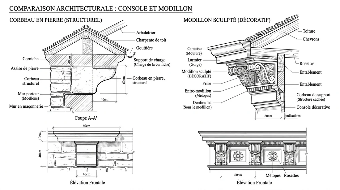 Schéma architectural détaillant les caractéristiques visuelles d'un corbeau et d'un modillon