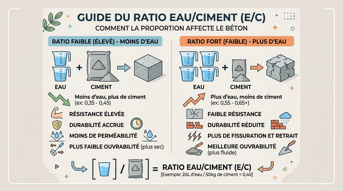 Infographie expliquant le dosage parfait entre l'eau et le ciment